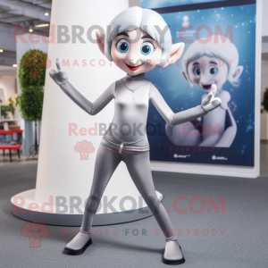 Silver Elf mascot costume character dressed with a Yoga Pants and Hair clips