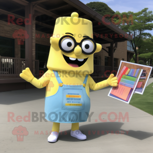 Lemon Yellow Rainbow mascot costume character dressed with a Mom Jeans and Reading glasses