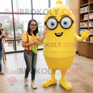 Lemon Yellow Rainbow mascot costume character dressed with a Mom Jeans and Reading glasses