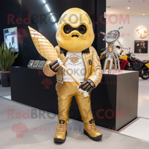 Gold Ice Cream Cone mascot costume character dressed with a Moto Jacket and Hairpins