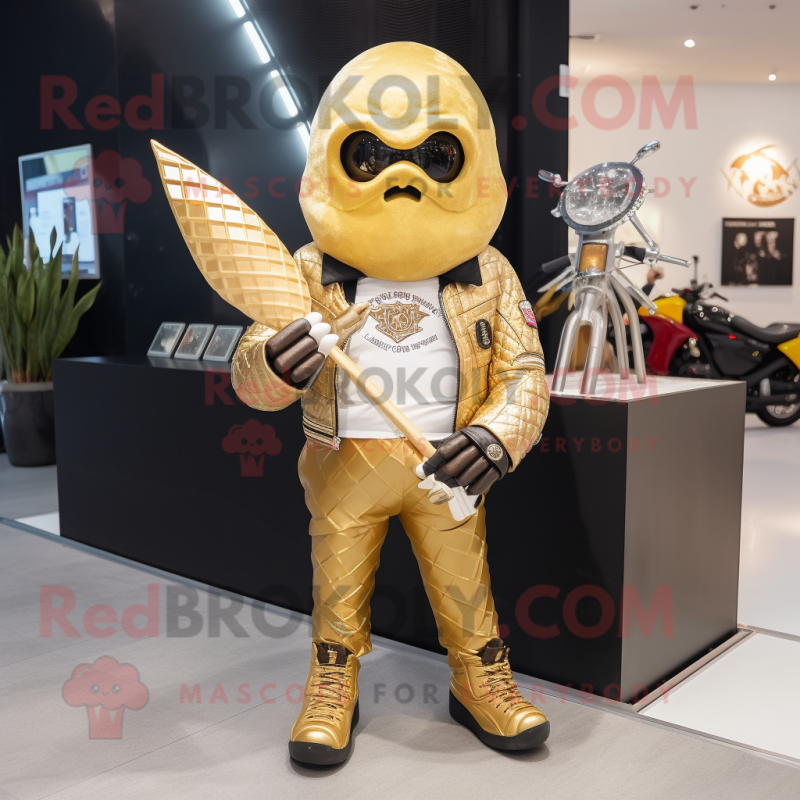 Gold Ice Cream Cone mascot costume character dressed with a Moto Jacket and Hairpins Gold Ice Cream Cone mascot costume character dressed with a Moto Jacket and Hairpins