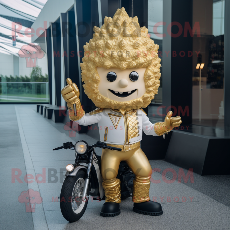 Gold Ice Cream Cone mascot costume character dressed with a Moto Jacket and Hairpins Gold Ice Cream Cone mascot costume character dressed with a Moto Jacket and Hairpins