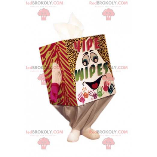 Mascota de caja de pañuelos blanca colorida y sonriente -