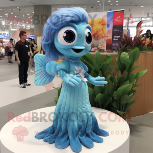 Sky Blue Betta Fish mascot costume character dressed with a Mini Dress and Hair clips