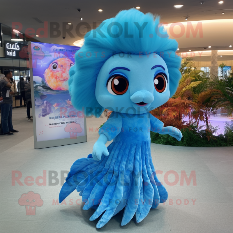 Sky Blue Betta Fish mascot costume character dressed with a Mini Dress and Hair clips Sky Blue Betta Fish mascot costume character dressed with a Mini Dress and Hair clips