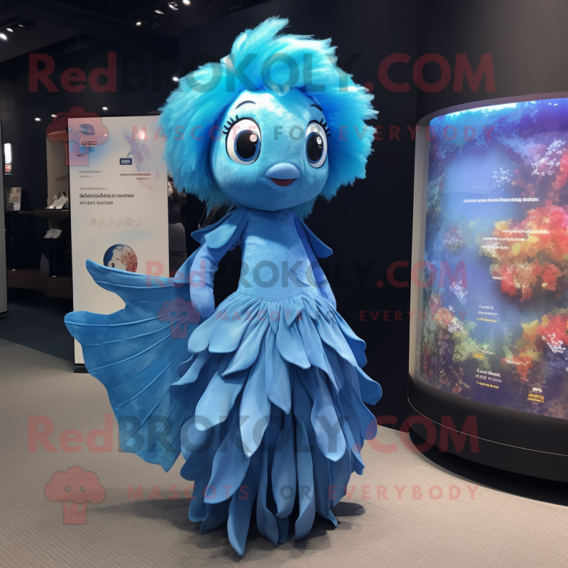 Sky Blue Betta Fish mascot costume character dressed with a Mini Dress and Hair clips