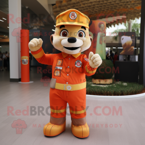 Orange Fire Fighter mascot costume character dressed with a Waistcoat and Wraps
