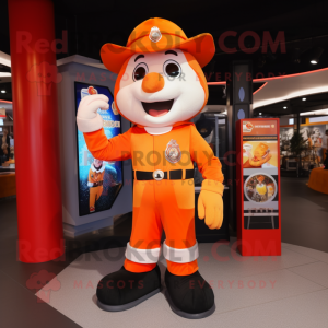 Orange Fire Fighter mascot costume character dressed with a Waistcoat and Wraps