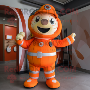 Orange Fire Fighter mascot costume character dressed with a Waistcoat and Wraps