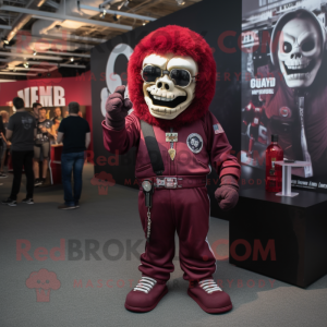 Maroon Skull mascot costume character dressed with a Jumpsuit and Hairpins
