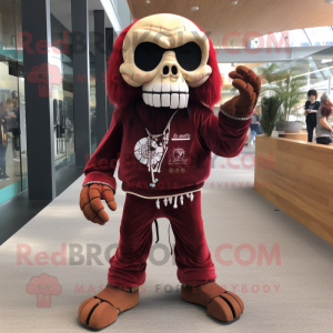 Maroon Skull mascot costume character dressed with a Jumpsuit and Hairpins