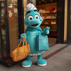 Teal Ice mascot costume character dressed with a Henley Shirt and Tote bags