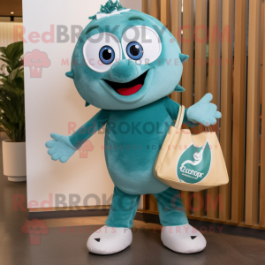Teal Ice mascot costume character dressed with a Henley Shirt and Tote bags