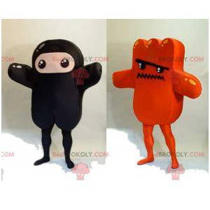 2 mascotas de divertidos personajes negros y naranjas. -