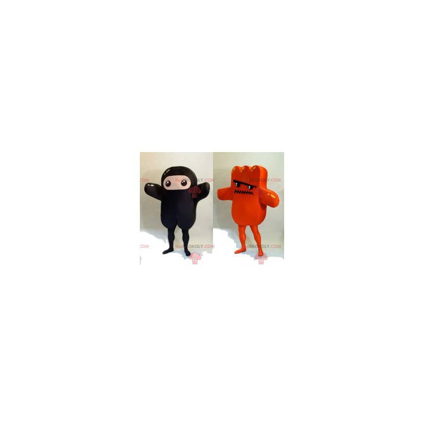 2 maskotter med sjove sorte og orange karakterer -