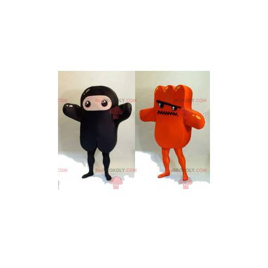 2 Maskottchen mit lustigen schwarzen und orangefarbenen