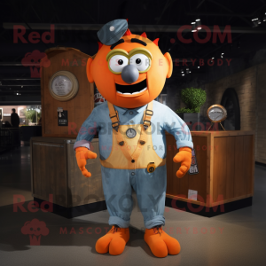 Orange Frankenstein'S Monster mascot costume character dressed with a Chambray Shirt and Keychains