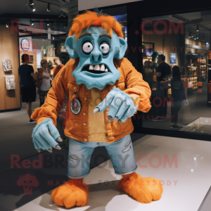 Orange Frankenstein'S Monster mascot costume character dressed with a Chambray Shirt and Keychains