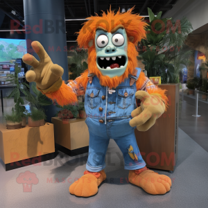 Orange Frankenstein'S Monster mascot costume character dressed with a Chambray Shirt and Keychains