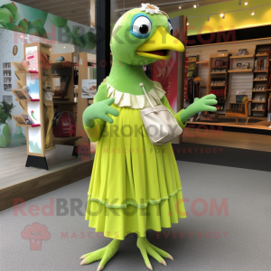 Lime Green Woodpecker mascot costume character dressed with a Maxi Dress and Coin purses