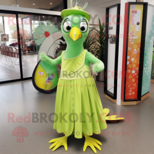 Lime Green Woodpecker mascot costume character dressed with a Maxi Dress and Coin purses