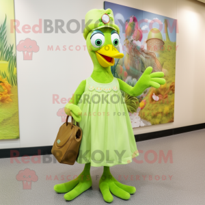 Lime Green Woodpecker mascot costume character dressed with a Maxi Dress and Coin purses