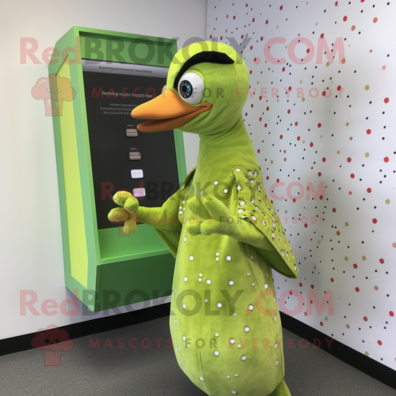 Lime Green Woodpecker mascot costume character dressed with a Maxi Dress and Coin purses