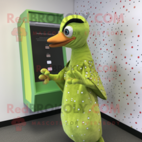 Lime Green Woodpecker mascot costume character dressed with a Maxi Dress and Coin purses