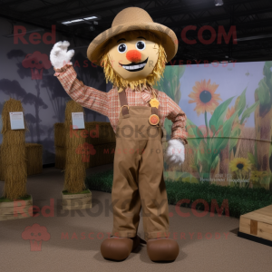 Brown Scarecrow mascot costume character dressed with a Blouse and Hat pins