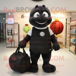 Black Volleyball Ball mascot costume character dressed with a Turtleneck and Tote bags
