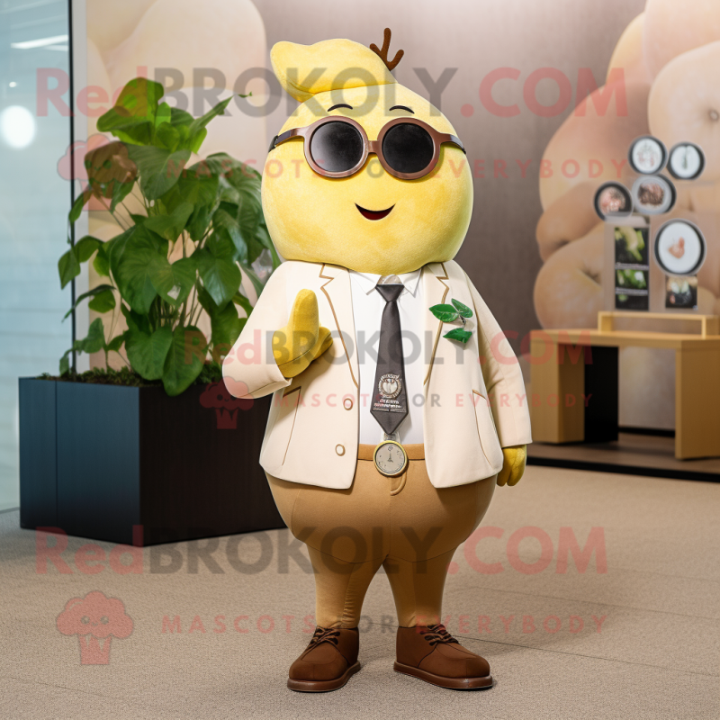 Tan Pear mascot costume character dressed with a Suit Jacket and Necklaces