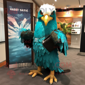 Turquoise Haast'S Eagle mascot costume character dressed with a Mini Dress and Briefcases