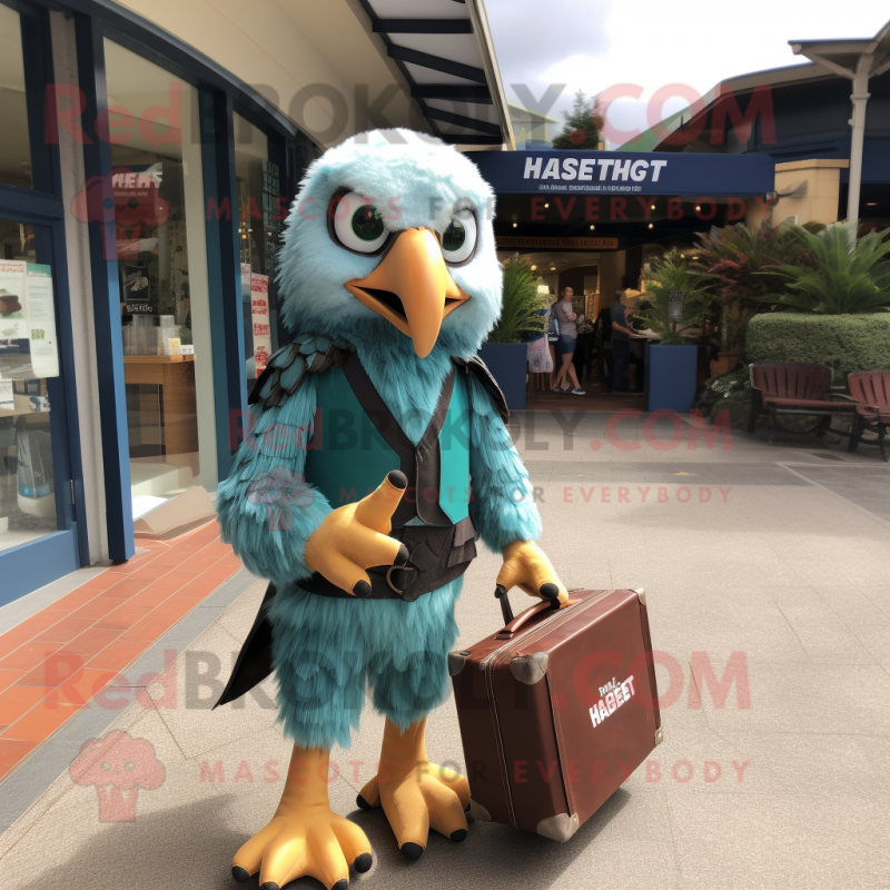 Turquoise Haast'S Eagle mascot costume character dressed with a Mini Dress and Briefcases