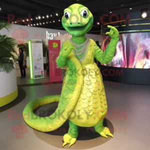 Lime Green Python mascot costume character dressed with a Circle Skirt and Bracelets