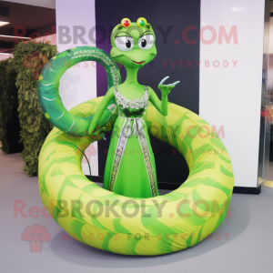 Lime Green Python mascot costume character dressed with a Circle Skirt and Bracelets