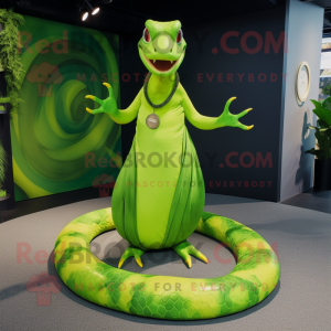 Lime Green Python mascot costume character dressed with a Circle Skirt and Bracelets