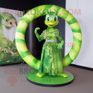 Lime Green Python mascot costume character dressed with a Circle Skirt and Bracelets