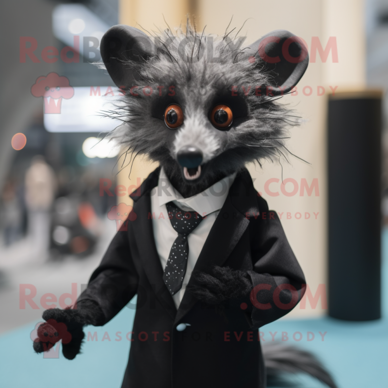 Black Aye-Aye mascot costume character dressed with a Coat and Tie pins