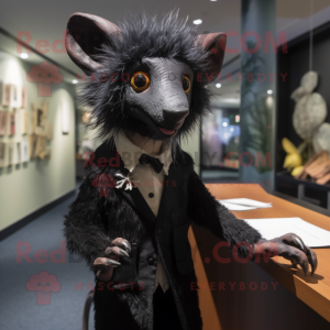 Black Aye-Aye mascot costume character dressed with a Coat and Tie pins