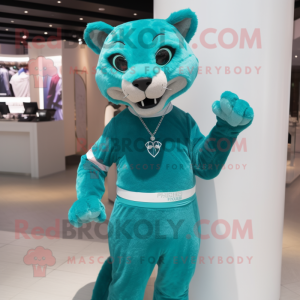 Turquoise Puma mascot costume character dressed with a Sheath Dress and Bracelets