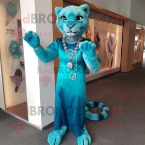Turquoise Puma mascot costume character dressed with a Sheath Dress and Bracelets