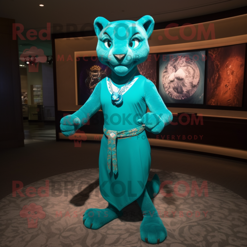 Turquoise Puma mascot costume character dressed with a Sheath Dress and Bracelets