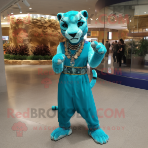 Turquoise Puma mascot costume character dressed with a Sheath Dress and Bracelets