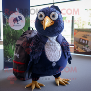 Navy Guinea Fowl mascot costume character dressed with a A-Line Skirt and Backpacks