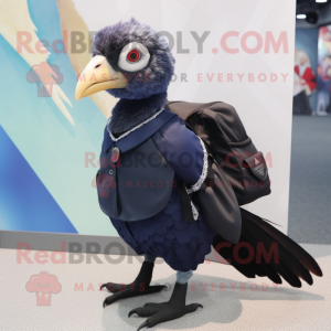 Navy Guinea Fowl mascot costume character dressed with a A-Line Skirt and Backpacks