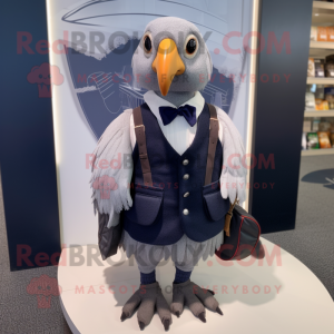 Navy Guinea Fowl mascot costume character dressed with a A-Line Skirt and Backpacks