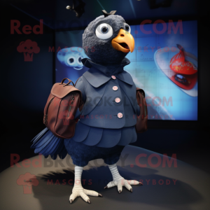 Navy Guinea Fowl mascot costume character dressed with a A-Line Skirt and Backpacks