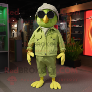 Lime Green Quail mascot costume character dressed with a Cargo Pants and Sunglasses