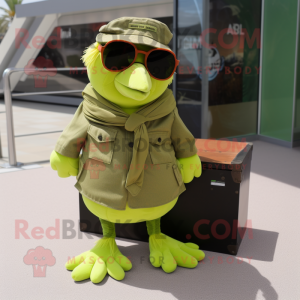 Lime Green Quail mascot costume character dressed with a Cargo Pants and Sunglasses