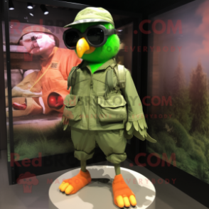 Lime Green Quail mascot costume character dressed with a Cargo Pants and Sunglasses